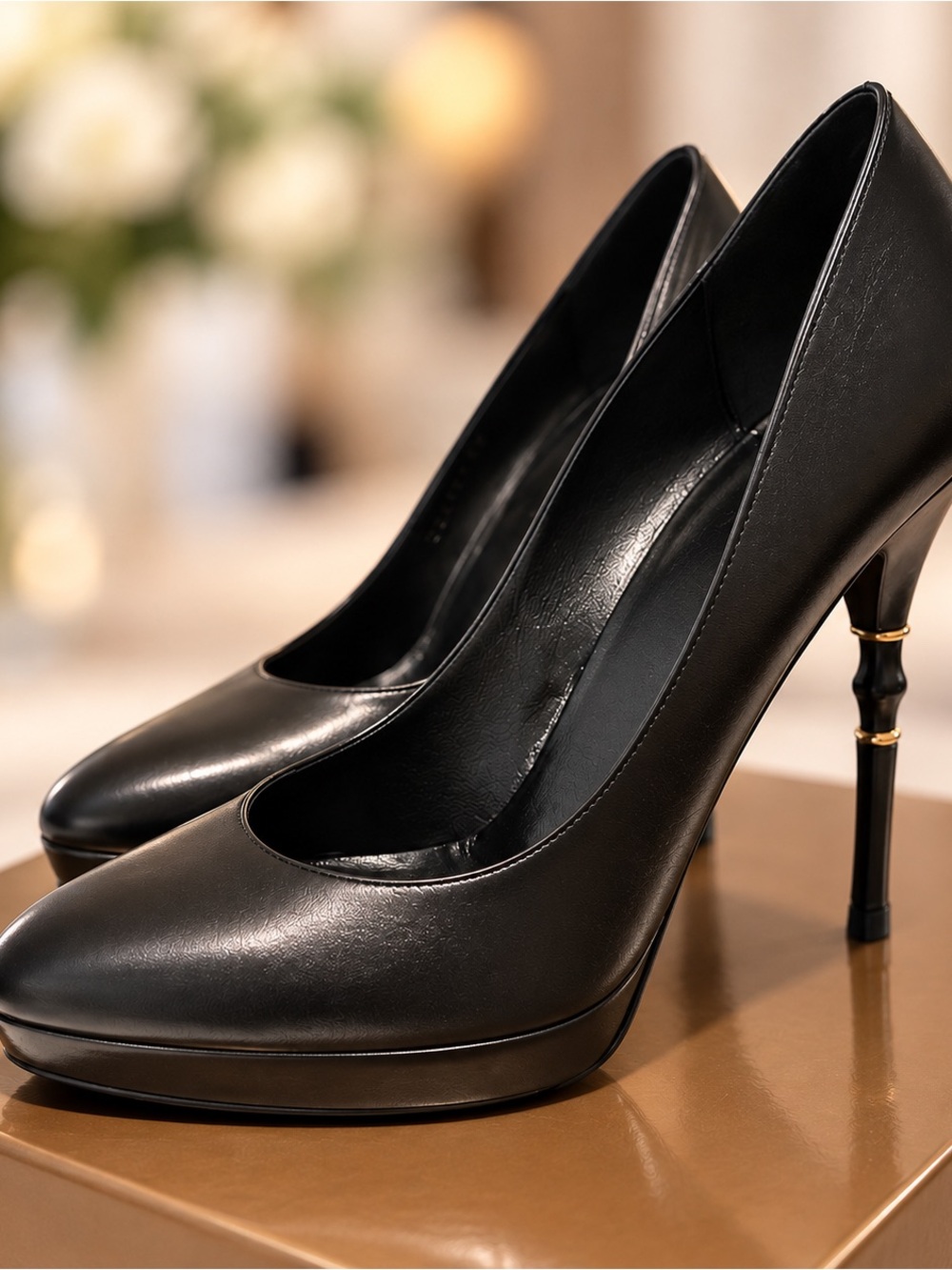 Black Leather Stiletto Pumps with Bamboo-Style Heel